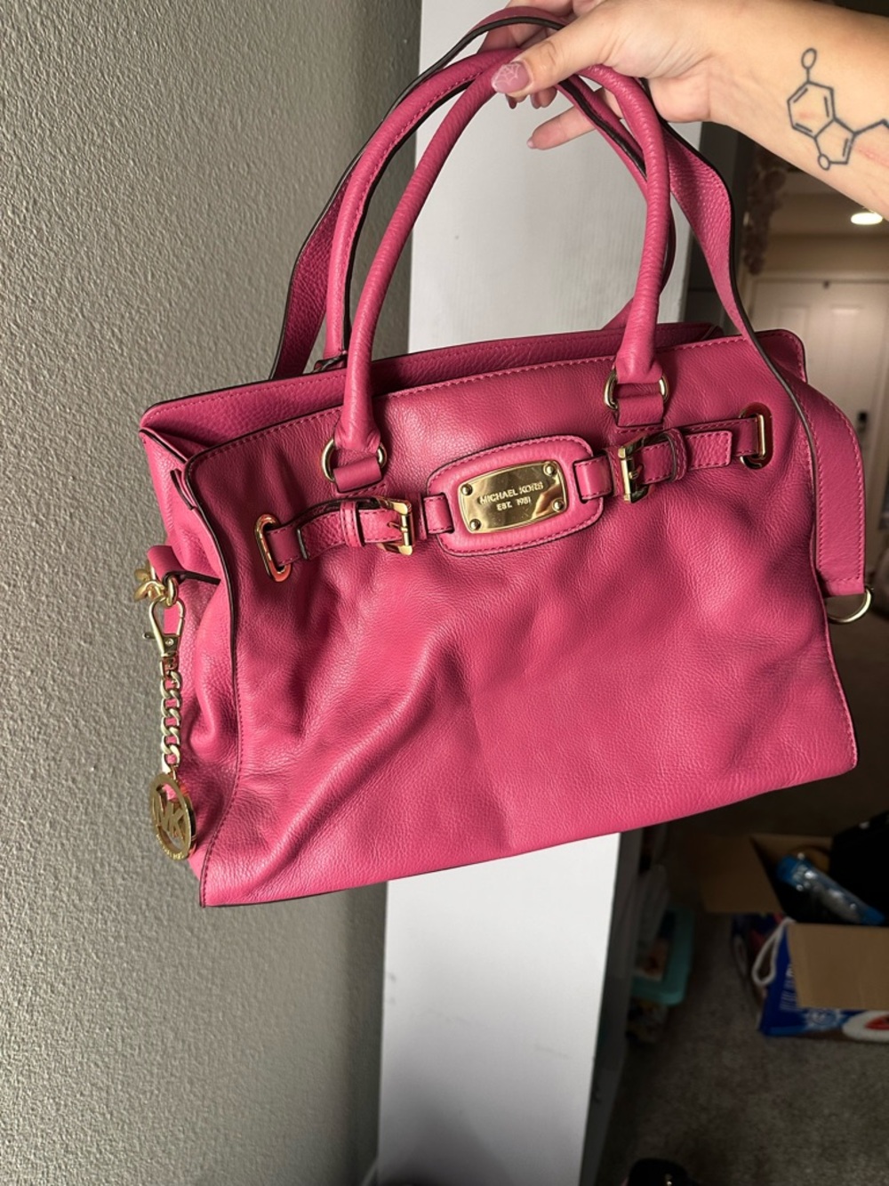 Michael Kors Hot Pink Leather Satchel with Gold Hardware